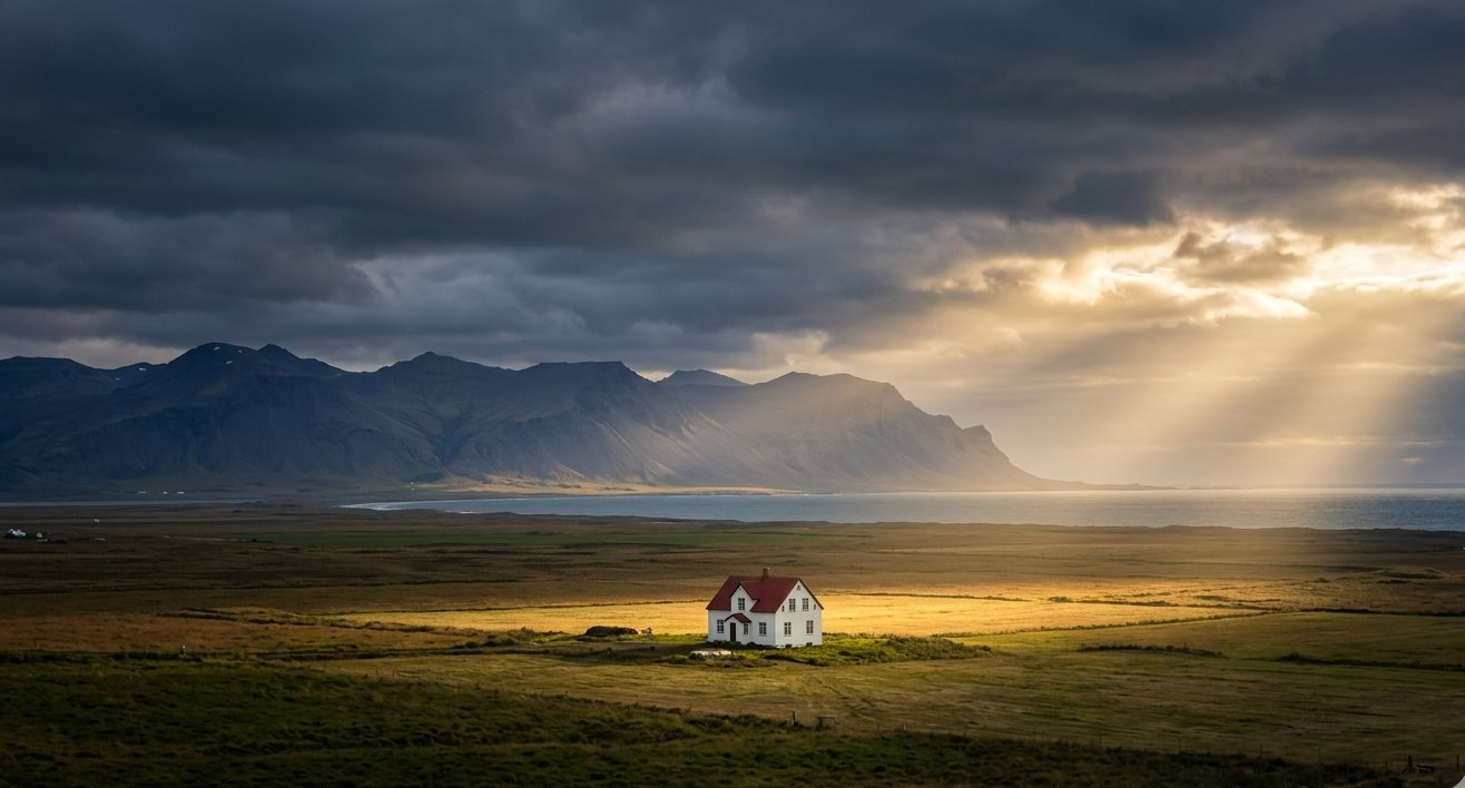Isolated house on open landscape with dramatic sunbeams breaking through storm clouds and mountains